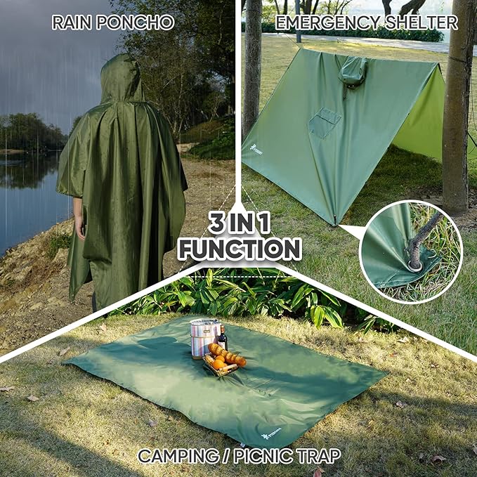 PTEROMY Hooded Rain Poncho for Adult with Pocket, Waterproof Lightweight Unisex Raincoat for Hiking Camping Emergency