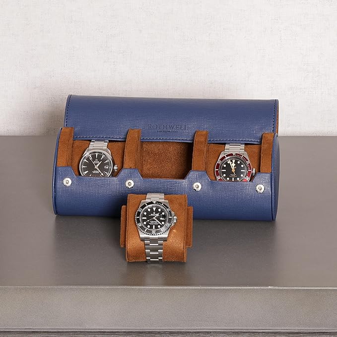 ROTHWELL Watch Roll Travel Case for 3 Watches | Tough Portable Protection, Fits All Wrist Watch & Smart Watches Up to 50mm (Blue/Tan)