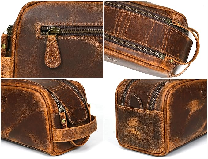 10" Premium Leather Toiletry Travel Pouch With Waterproof Lining | King-Size Handcrafted Vintage Dopp - Kit ~ Gift for Father's Day By Aaron Leather Goods (Copper)