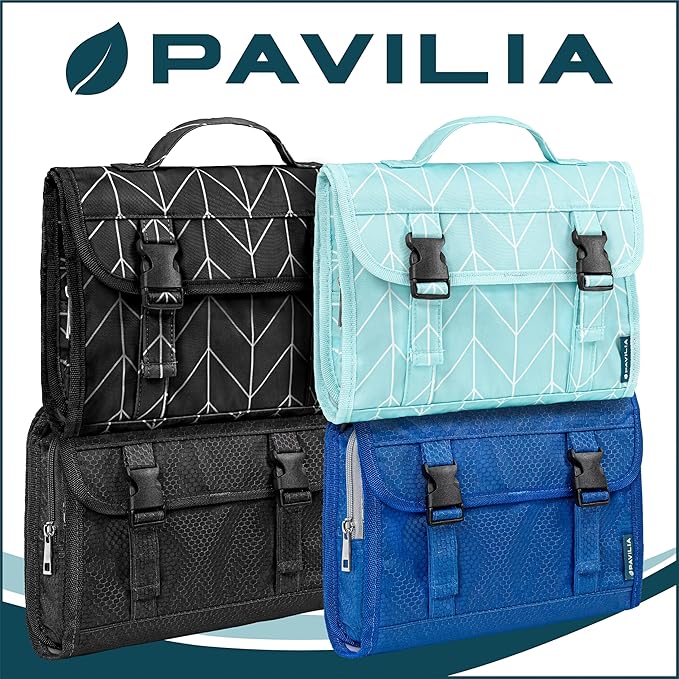 PAVILIA Travel Hanging Toiletry Bag for Women Men, Large Capacity Makeup Bag Kit, Waterproof Cosmetic Storage Organizer Case for Bathroom Shower, Black