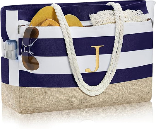 YOOLIFE Large Initial Beach Bag Waterproof Tote Zipper Bag Personalized Gifts for Women Her Birthday Travel Beach Essential