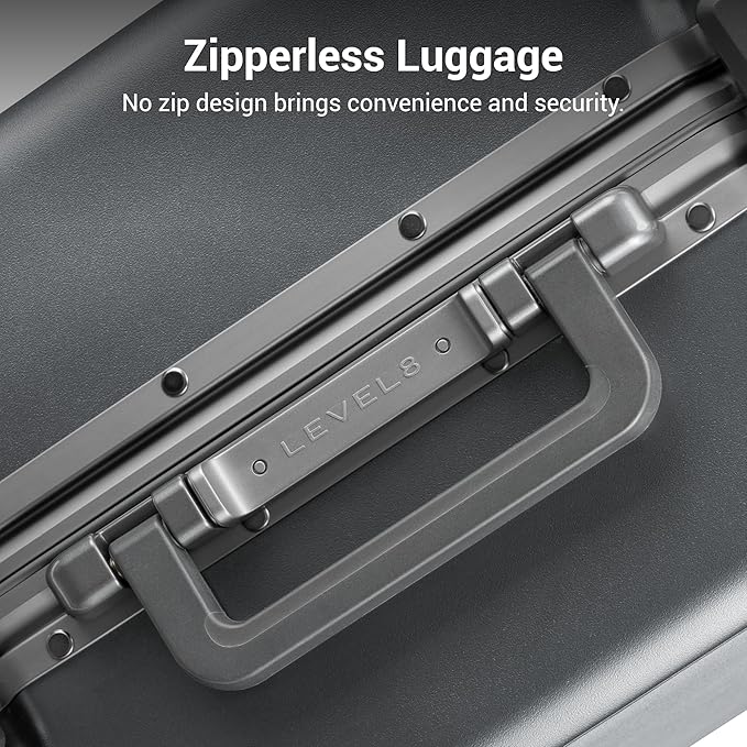 LEVEL8 Zipperless Carry On Luggage Airline Approved with Aluminum Frame, Hard Shell Suitcase with Spinner Wheels, Metal Checked Luggage with Double Tsa Locks, 20 Inch, Grey