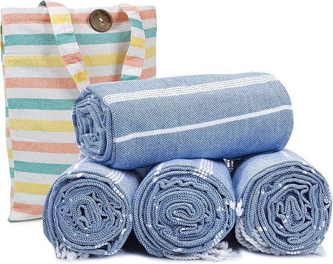 HILLFAIR Cotton Turkish Beach Towels, Quick Dry Lightweight Sand Free Peshtemal Towel for Bath Swim Yoga Spa Travel, Beach Accessories, Oversized Cotton Turkish Towels (39 x 72 inch- 4 Pack Blue)