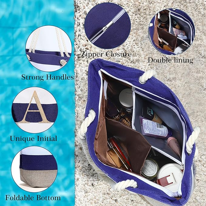 YOOLIFE Initial Canvas Waterproof Beach Tote Bag Zipper Personalized Gifts for Women Her Birthday Travel Beach Essential