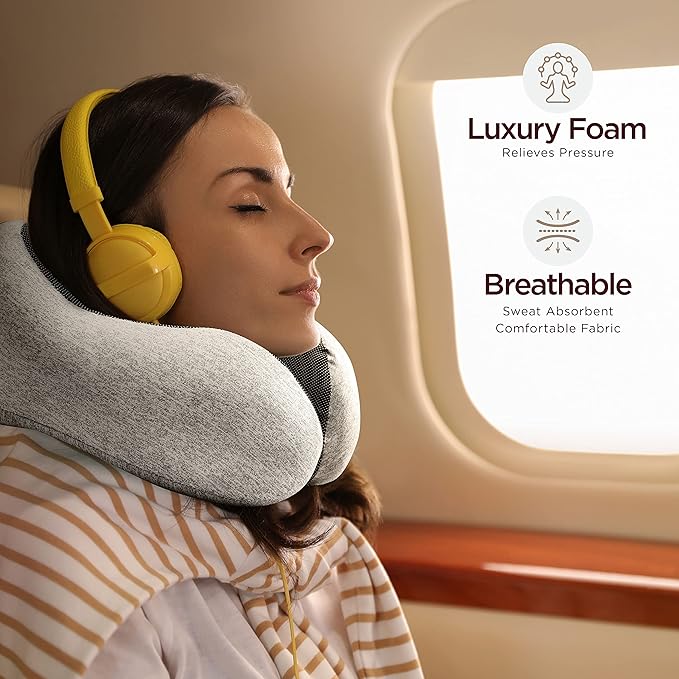 Airplane Neck Pillow Includes Travel Pillow + Airplane Phone Holder Mount + Eye Masks + Foot Hammock + Earplugs for Travel, 100% Pure Memory Foam Travel Pillow, 5 Pc Travel Kit, 2 Pack
