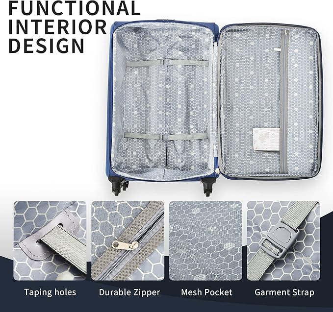 Merax Softside Luggage Set Softshell Lightweight 3 Piece Spinner Suitcase 22" 26" 30" Blue