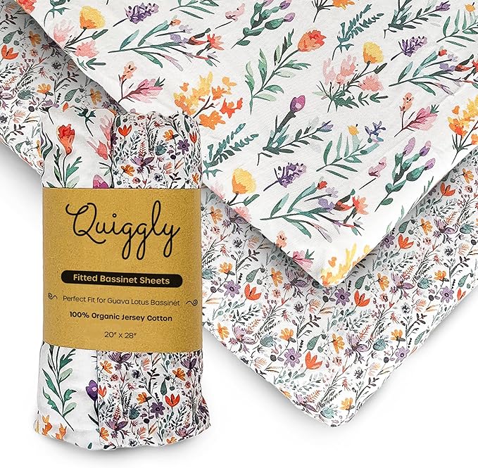 Quiggly Bassinet Sheets for Guava Lotus, 2 Pack Organic Cotton Jersey Knit, Vibrant Floral Patterns - Fits Travel Crib Mattresses for Boys & Girls (Bassinet, Wildflower Dreamin')