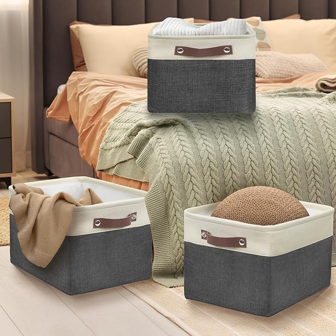 SIMPLE HOUSEWARE Large Fabric Storage Bin, 15" x 11" with Leather Like Handles, 3 Pack, Dark Gray