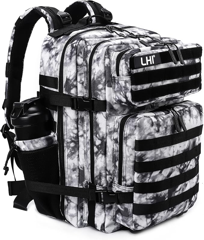 LHI Military Tactical Backpack for Men Molle Daypack 45L Army 3 Days Assault Pack Bag Large Rucksack With Bottle Holder Black and White(12*20*12)