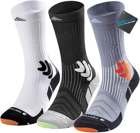 Men's Compression Running Socks: Coolmax Athletic Crew Socks Moisture Wicking Anti-Blister Cushion for Hiking 3 Pairs