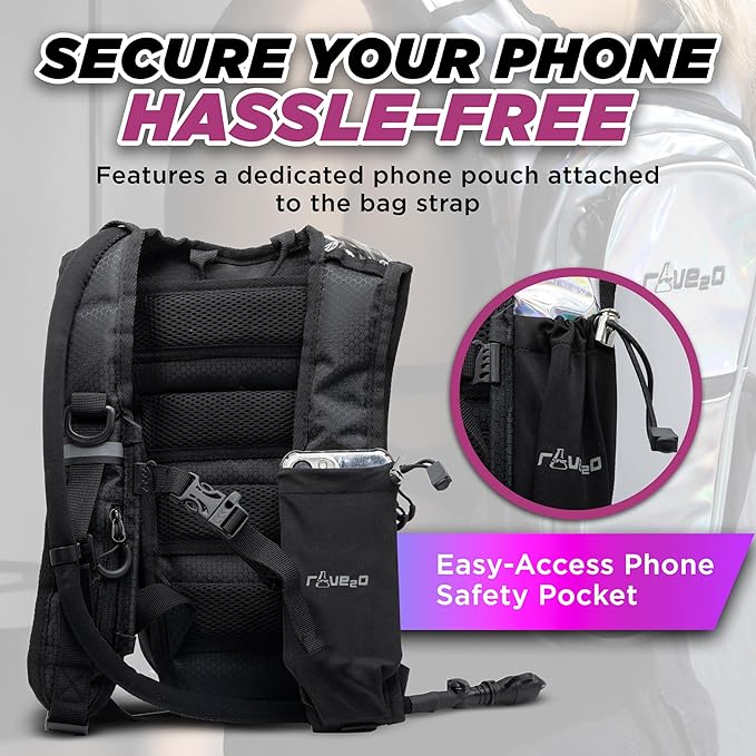 Rave Hydration Backpack – Anti-Theft Festival Hydration Pack with 1.5L Leakproof TPU Bladder – Slim, Insulated Water Pack with Secret Pockets & Breathable Back – for Raves, Music Festivals, EDC