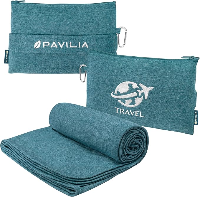 PAVILIA Travel Blanket Airplane Compact with Bag, Small Travel Pillow Blanket Long Flights, Lightweight Plane Blanket with Luggage Strap, Camping Blanket for Traveler Essentials, Teal Blue, 65x40