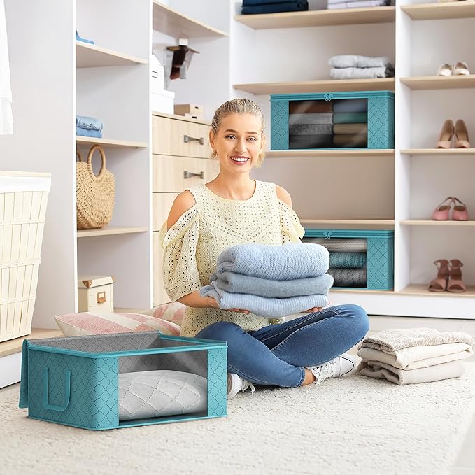 Sorbus Medium Clothes Storage Bags - Foldable Blanket Storage Bins for Organizing Bedroom, Closet, Clothing, Comforter, Organization with Clear Window, Lids and Carry Handles - Set of 9