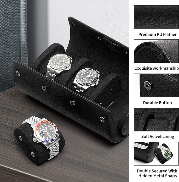 MOZSLY Watch Roll Travel Case 3 Slots Portable Box for Men and Women Watches Organizer Storage Holder PU Leather