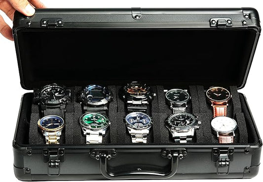 10 slots Aluminum watch case, Hard Deluxe watch storage organizer box with soft foam padding snug fit watches up to 55mm face