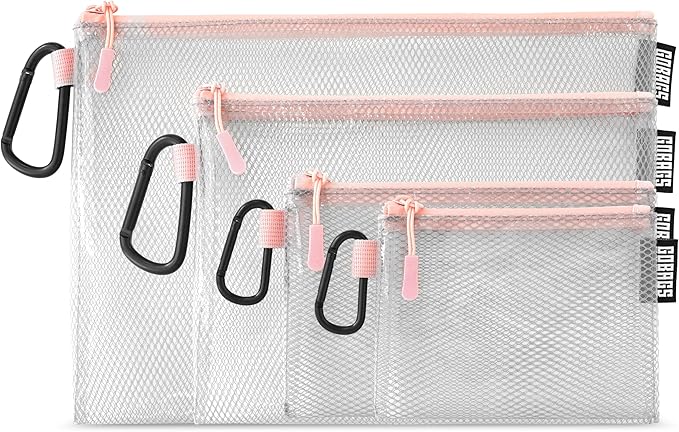 GOBAGS Air Production Multi‑Size Clear Zipper Pouch (4‑Pack) – Cable Organizer & Travel Gear Bag for Electronics, Camera Accessories, Tool Pouch & Small Tech Storage (Pink)