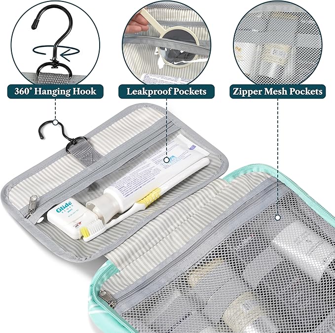 PAVILIA Hanging Toiletry Bag Travel Bag Women Men, Foldable Cosmetic Organizer, Roll up Makeup Bag, Water Resistant Accessories Toiletries, Large Travel Essentials Kit (Teal Chevron)