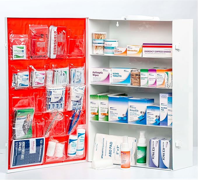 4-Shelf Restaurant Metal 1st Aid Cabinet Class A, Large Capacity First Aid Wall Mount Medicine Cabinet, Secure Metal Med Box with Easy Access, Exceeds OSHA/ANSI Z308.1 2015, Over 750 Pieces