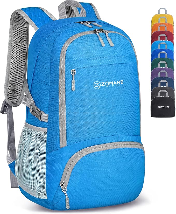 ZOMAKE Lightweight Packable Backpack 30L, Foldable Hiking Backpacks Water Resistant Compact Folding Daypack for Travel(Light Blue)