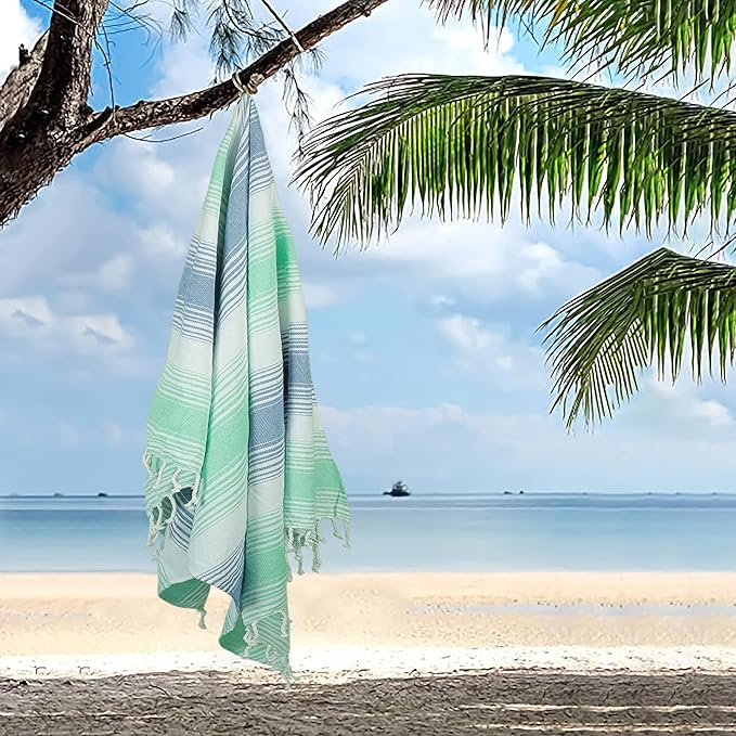 HILLFAIR Cotton Turkish Beach Towels, Quick Dry Lightweight Sand Free Peshtemal Towel for Bath Swim Yoga Spa Travel, Beach Accessories, Oversized Cotton Turkish Towels (39 x 72 inch- 4 Pack Mint Blue)
