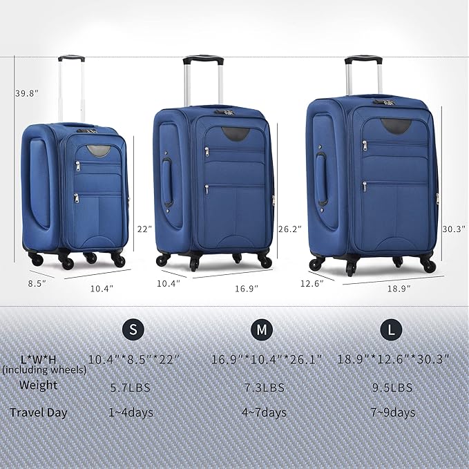 Merax Softside Luggage Set Softshell Lightweight 3 Piece Spinner Suitcase 22" 26" 30" Blue