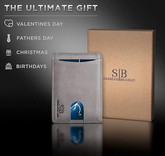 SERMAN BRANDS RFID Blocking Slim Bifold Genuine Leather Minimalist Front Pocket Wallets for Men with Money Clip Thin Gift