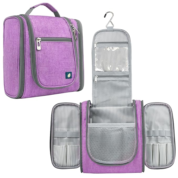 PAVILIA Toiletry Bag Travel Bag for Women Men, Hanging Cosmetic Organizer, Water Resistant Makeup Bag for Accessories Toiletries, Large Travel Essentials Kit (Purple)