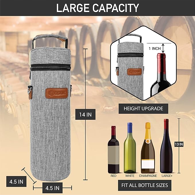 opux Wine Bag Single Bottle Carrier Tote, Insulated Wine Cooler Bag for Travel Picnic Beach with Shoulder Strap, Thermal One Bottle Holder Carrying Case Wine Gift for Women Men, Heather Light Gray
