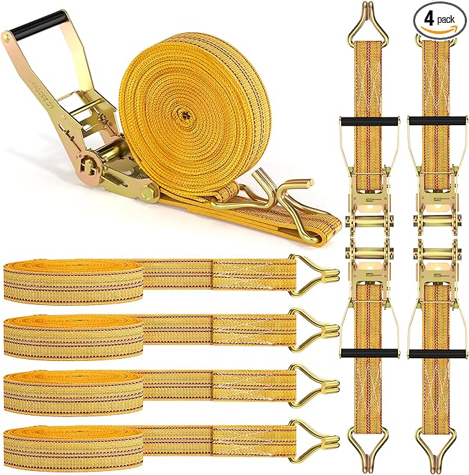 4Pack Heavy Duty Ratchet Straps, 2” 32Ft Ratchet Tie Down Strap, Tie Down Ratcheting with Double J Hook, 4000 LB Break Strength Cargo Straps Ratcheting for Moving Cargo, Lawn Equipment and Motorcycles
