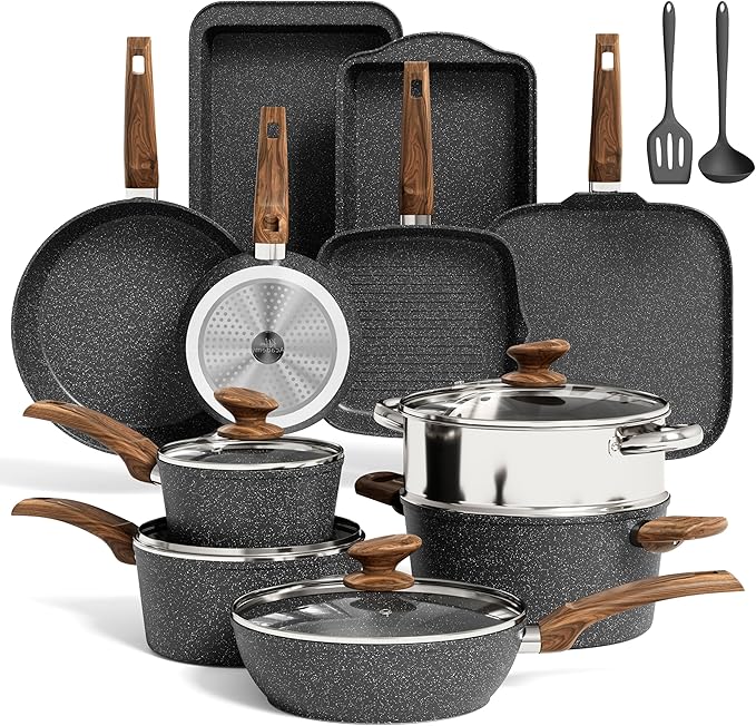 MAISON ARTS 17 Piece Pots and Pans Set Non Stick, Kitchen Cookware Sets with Nonstick Granite Stone Coating, Suitable for Induction Cooktops, Black