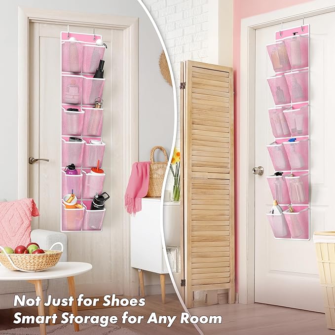 Simple Houseware 24 Pockets - 2PK 12 Large Pockets Over Door Hanging Shoe Organizer, Pink