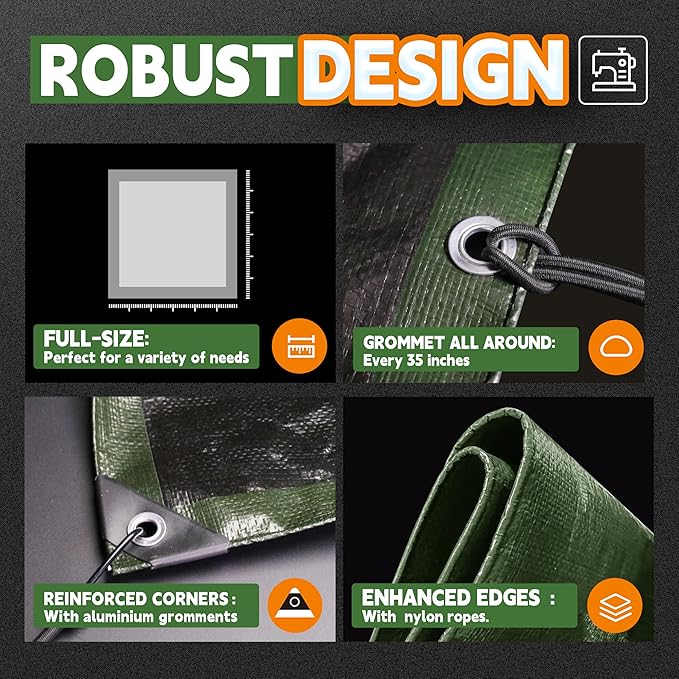 6x8 Feet Tarp Waterproof,Small Tarps,9Mil Thick,Finished Size Tarps,UV Resistant,Durable,Multipurpose Poly Tarp Cover with Metal Grommets and Reinforced Edges,Green/Black by RAINDEWAY