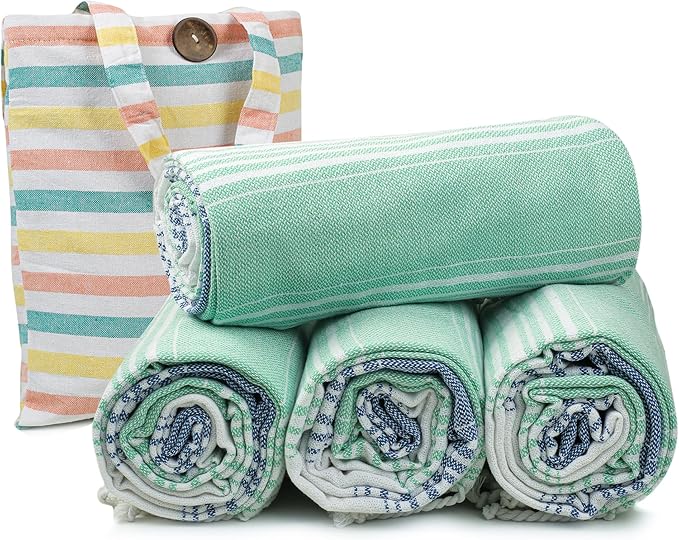 HILLFAIR Cotton Turkish Beach Towels, Quick Dry Lightweight Sand Free Peshtemal Towel for Bath Swim Yoga Spa Travel, Beach Accessories, Oversized Cotton Turkish Towels (39 x 72 inch- 4 Pack Mint Blue)