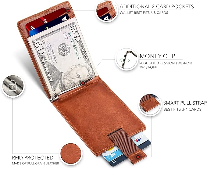 SERMAN BRANDS RFID Blocking Slim Bifold Genuine Leather Minimalist Front Pocket Wallets for Men with Money Clip Thin Gift