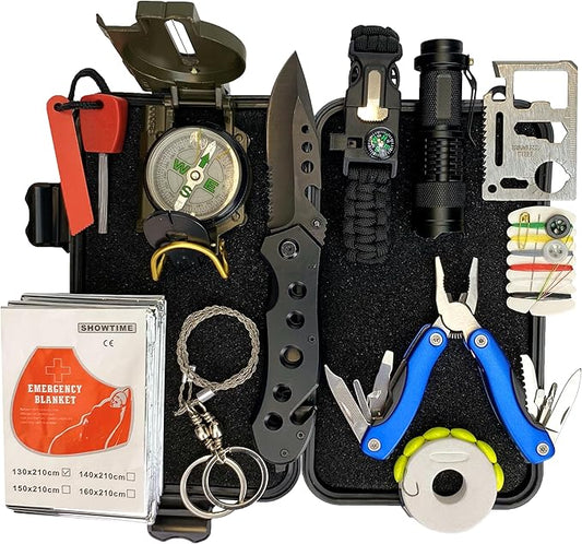Survival Kit - All-in-One Survival Gear and Supplies for Camping, Hiking, Hunting, and Car Emergencies - Essential Tools, Great Gift for Men, Fathers, Boyfriends, Boys, Dads and Scouts