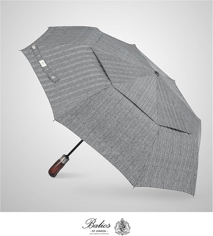 Balios Travel Folding Umbrella with Real Wood Handle Auto Open Close Vented Windproof Canopy - Designed in UK