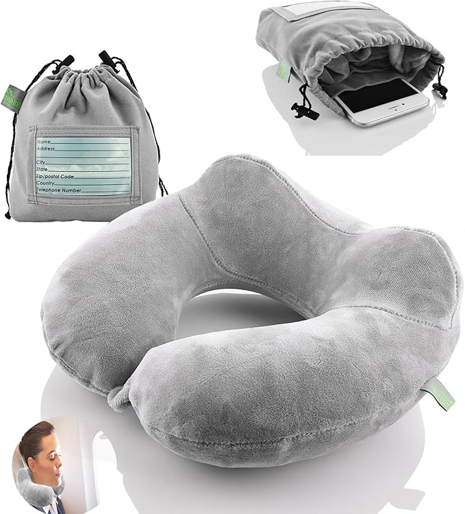 Inflatable Travel Neck Pillow: Extra-Soft, Cushion. for Airplanes, Trains, Cars, Portable Travel Accessory-with Carrying Pouch for Cell Phone and Passport Etc. (Grey 2 Pack)