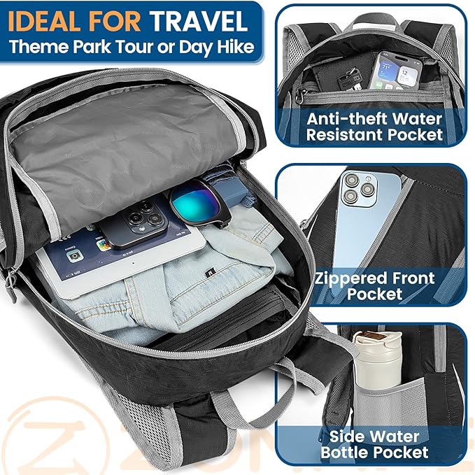 ZOMAKE Ultra Lightweight Packable Backpack 25L, Foldable Hiking Backpacks Water Resistant Small Folding Daypack for Travel(Solid Black)