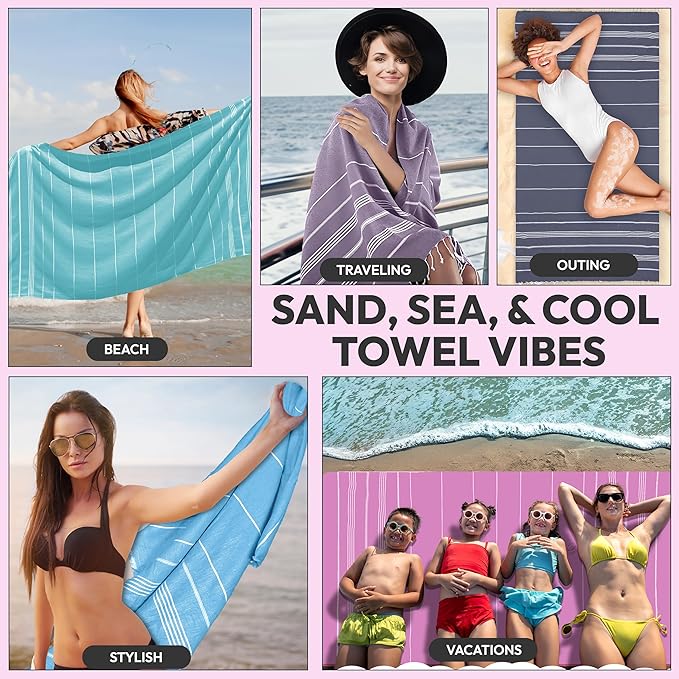 Turkish Beach Towel - 40x71 inch Oversized Sand Resistant Prewashed Turkish Towel - 100% Turkish Cotton Quick Drying, Compact, Lightweight Turkish Towel for Beach, Bath, Pool, Gym, Yoga.