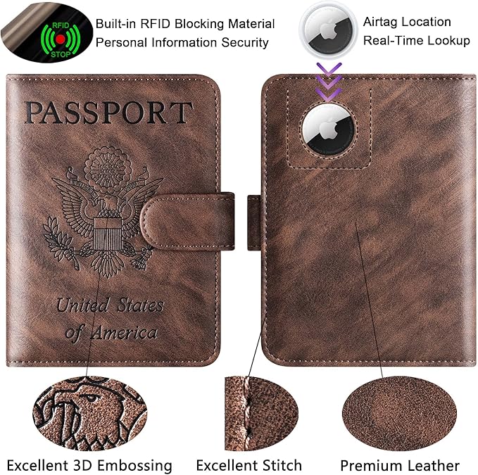 Airtag Passport Holder Cover Wallet Travel Essentials Leather Rfid Blocking Case Vacation Luggage Must Haves Travel Accessories for Men Women (117#Coffee)