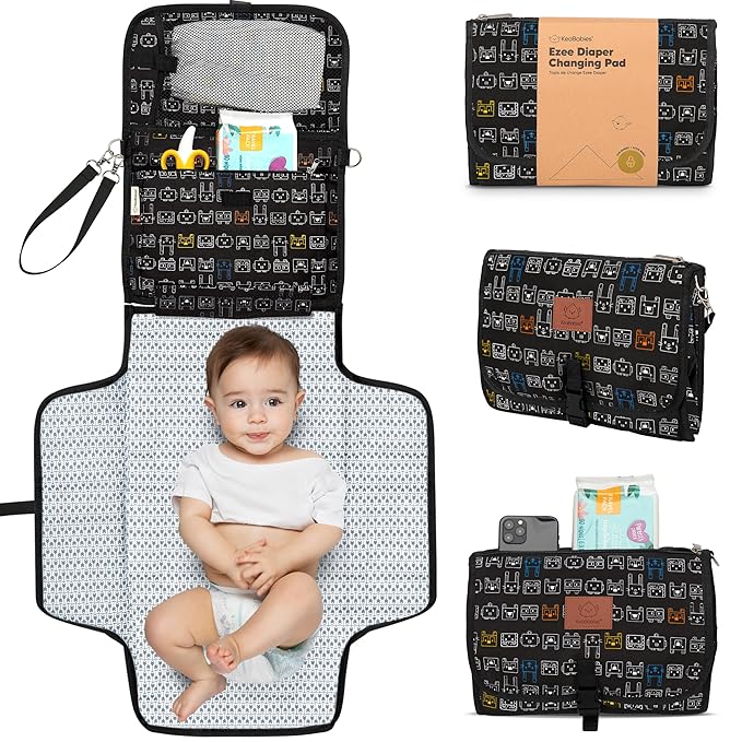 KeaBabies Portable Diaper Changing Pad - Large Waterproof Baby Changing Mat, Compact Travel Diaper Clutch, Functional Pockets Fit Newborn Essentials, Wipeable & Padded Baby Changer (Pixel)