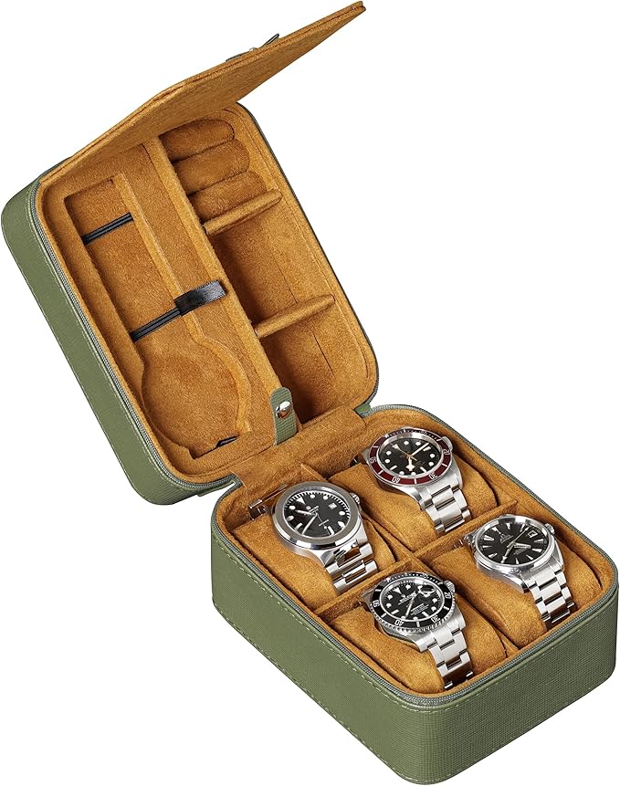 ROTHWELL 5 Watch Travel Case Storage Organizer for 5 Watches | Tough Portable Protection w/Zipper Fits All Wristwatches & Smart Watches Up to 50mm (Green/Tan)