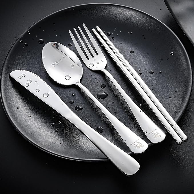 Boulder Bee Travel Utensils Set | Reusable Camping Cutlery Set | Stainless Steel Flatware Set | Portable Silverware Set with Case | Includes Knife/Fork/Spoon/Chopsticks/Cleaning Cloth/Case (Sliver)
