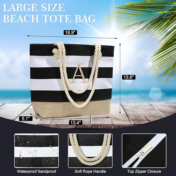YOOLIFE Initial Canvas Waterproof Beach Tote Bag Zipper Personalized Gifts for Women Her Birthday Travel Beach Essential