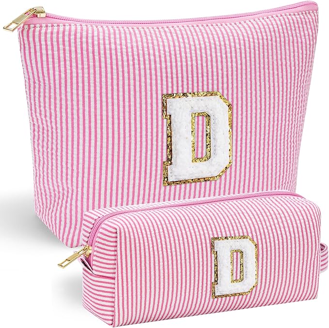 YOOLIFE Personalized Birthday Gifts for Women Teacher, Initial Cute Pink Cosmetic Makeup Bag Pouch Case Travel Toiletry Make Up Bag for Women Friends Female Friendship Girlfriend Wife Gifts Idea D