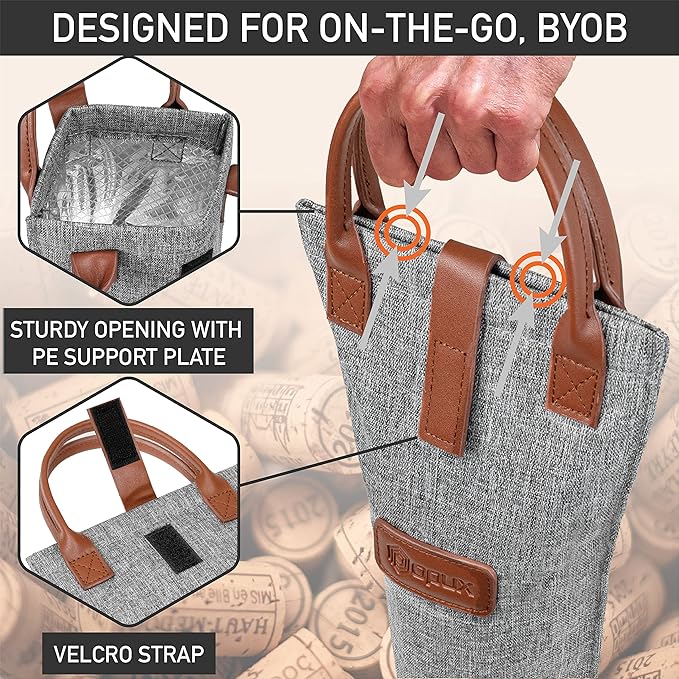 opux Wine Bag Single Bottle Carrier Tote, Insulated Travel Wine Cooler Bag for Picnic Beach Gift, Thermal Padded Portable One Bottle Holder Carrying Case for Women Men Wine Lovers, Heather Gray