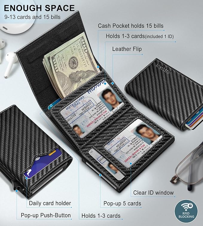 Wallet for Men,with Cash Pocket 2 ID Window 9-13 Cards,Metal Case Smart Slim Pop Up Credit Card Holder Flip with Magnetic Closure RFID Blocking Trifold wallet with Gift Box