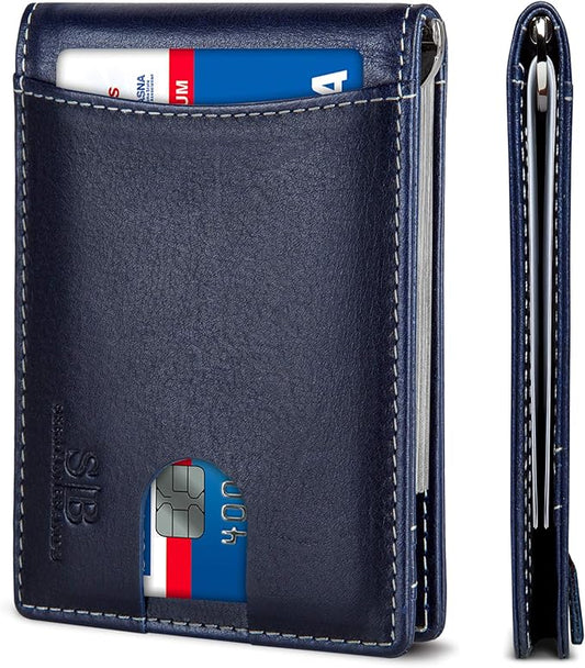 SERMAN BRANDS RFID Blocking Slim Bifold Genuine Leather Minimalist Front Pocket Wallets for Men with Money Clip Thin Mens