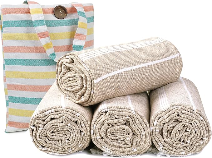 HILLFAIR Cotton Turkish Beach Towels, Quick Dry Lightweight Sand Free Peshtemal Towel for Bath Swim Yoga Spa Travel, Beach Accessories, Oversized Cotton Turkish Towels (39 x 72 inch- 4 Pack Beige)