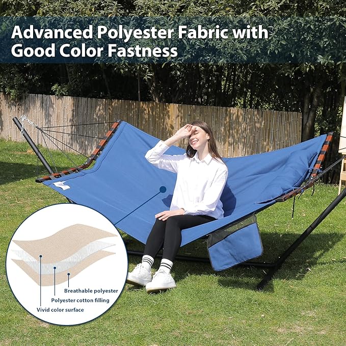TegerDeger 12FT 2 Person Hammock with Stand Included 55 x 79IN Large Hammock 450LB Capacity with Hardwood Spreader Bar & Nylon Rope for Outside, Patio, Garden, Backyard, Beach, Poolside - Blue